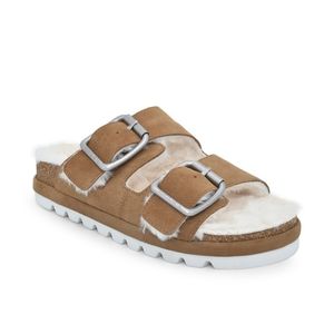 J/Slides Letty Faux Fur Lined Suede Slide Sandals in Blush